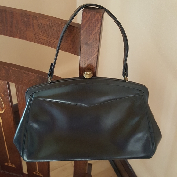 Vintage Mid Century Navy Blue Leather Handbag Purse - Picture 1 of 8